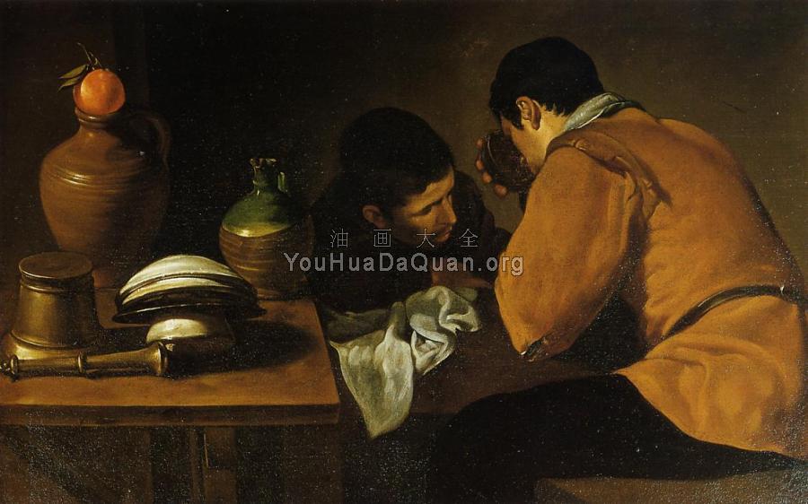Two Young Men Eating At A Humble Table - 迭戈·罗德里格斯·德·席尔瓦·委拉斯贵支